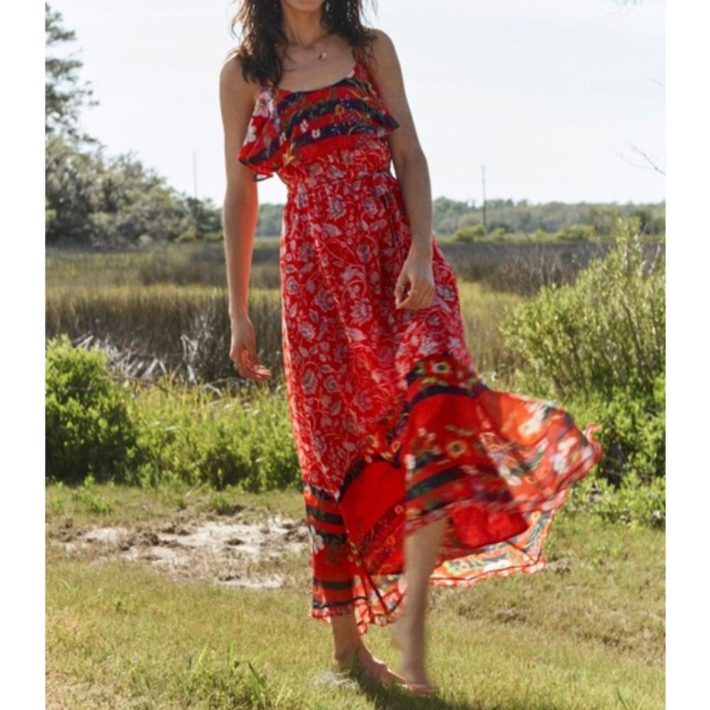 Anthropologie Dress Women S Zuri Ruffle Tiered Floral Midi Boho Chic Cottagecore